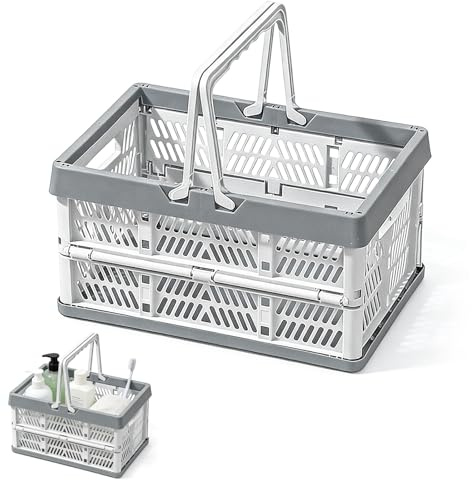 Jinfanshurich Klappbox, 38,5x25x20 cm Camping Klappkiste mit Griff, Faltbarer Klappkorb, Einkaufskorb Plastik für Aufbewahrung Küche Schlafzimmer Badezimmer Büro (1, Grau-Groß)