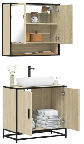 Keeushr Set di mobili da bagno Sonoma in legno di rovere con mobiletto lavabo e armadietto a specchio per montaggio a parete, soluzione di archiviazione, design industriale