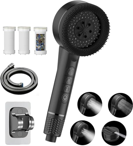 High Pressure Shower Heads, Hard Water Filter Shower Head with 1.5m Shower Hose and Shower Stand, 4 Mode Power Shower Head with Pause Switch, Shower Pro Head Showerhead with Water Filter, Black