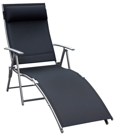 Outsunny Sonnenliege klappbar mit Kopfkissen bis 165 kg Schwarz | Strandliege und Liegestuhl, 7-fach verstellbare Rückenlehne, Gartenliege Relaxliege Gartenstuhl für Outdoor Urlaub Garten