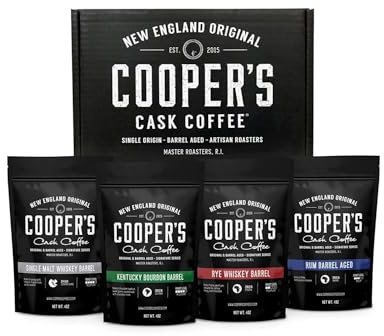 Bourbon & Whiskey Barrel Aged Coffee Box Set with Four Whole Bean Single Origin Coffees (Colombia, Sumatra, Ethiopia, Rwanda) Premium Small-Batch Gourmet Roasted Coffee Gift (Pack or 4)