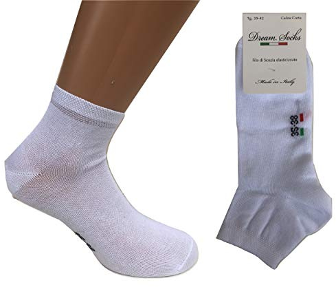 DREAM SOCKS 6 paia calzini corti alla caviglia in cotone filo di scozia elasticizzato,ultra leggero,prodotto MADE IN ITALY,modello unisex, vari assortimenti. (39/42, bianco)