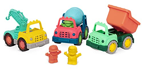 Battat Baufahrzeuge – 3 Mini-Spielzeug-Trucks mit 3 Figuren | 6-teiliges Set mit 3 Mini-Trucks und 3 Figuren: Muldenkipper, Kranwagen und Zementlaster für Rollenspiel, 1+ Jahre