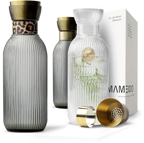 MAMEIDO vattenkaraff 1 l, glaskaraff med hällpip och sil, handblåst glaskaraff, vattenkanna med ädelt utseende för speciella tillfällen, karaffer att ge bort som gåva (Smoke Wild)