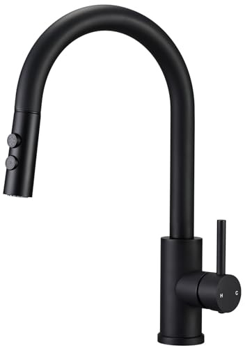 Hapilife Black Kitchen Taps with Pull Out Spray Single Lever Dual Function | Swan Neck 360° Swivel Spray Sink Taps Mixer Monobloc, Black Pull out Kitchen Tap Stainless Steel, 1 Hole Pre-install Easy Fit