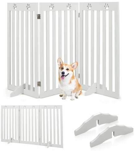 COSTWAY Absperrgitter Hunde 89cm Hoch, Schutzgitter Holz, Kindergitter klappbar, Treppengitter Hundeabsperrgitter flexibel Türschutzgitter (3 Paneelen, Weiß)