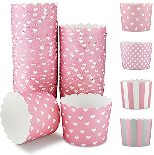 Frau WunderVoll® 25 Muffin Backformen, rosa, weiße Herzen, Durchmesser 6,1 cm/Muffinbackform, Muffinform, Cupcakeformen, Backförmchen, Cupcake Formen, Muffin Förmchen Papier