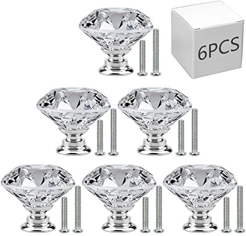 JIIDAA 6 PCS Cabinet Knobs with 2 Sizes Screws, 30mm Drawer Handles Crystal Glass Diamond Shaped cupboards Door Knobs for Dresser Drawers and Kitchen, Bathroom Cabinet, Office