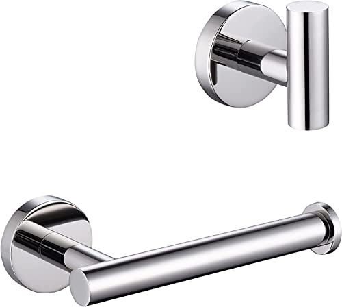 YUET Chrome Towel and Toilet Roll Holder Set Bathroom Accessory 2 Pieces Home Paper Tissue & Coat Hook Holders Bar Accessories SUS 304 Stainless Steel Hardware Wall Mounted Polished Finish