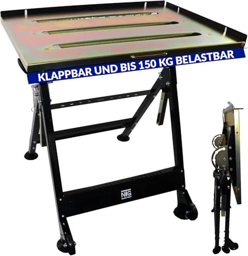 mobiler klappbarer Schweißtisch mit stufenloser - Schweisstischplatte aus galvanisiertem Stahl - bis 150 kg belastbar, klappbar und platzsparend zu verstauen
