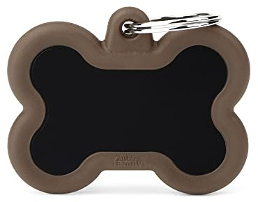 My Family Hundemarke, hergestellt in Italien, personalisierbar, Schwarz und Braun, Knochen, mit Gravur, Aluminium und Gummi, Hushtag-Kollektion, Schwarz/Weiß