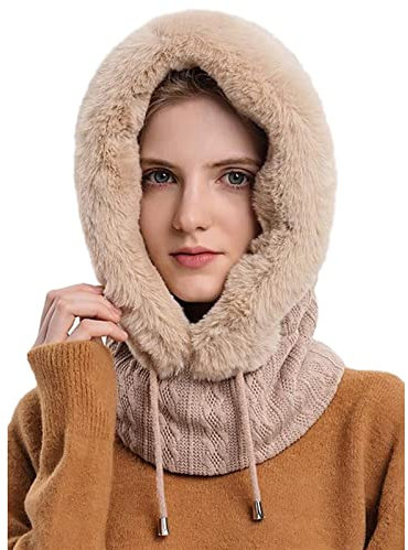 Sawmew Gorro de Invierno 2 en 1 cálido, Conjunto de Gorro y Bufanda, Gorro de Punto de Lana, Gorro de Invierno y Bufanda de Lazo con Forro Polar Grueso para Mujer (Color : Beige, Size : One Size)