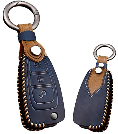 KUNIO Klappschlüssel Cover Passt für Ford Kuga Focus 2 3 MK3 ST RS Ecosport Escape Fiesta C-Max S-Max Mondeo Leder Autoschlüssel Hülle Schlüsselanhänger Schutzhülle Schlüsseltasche B Blau