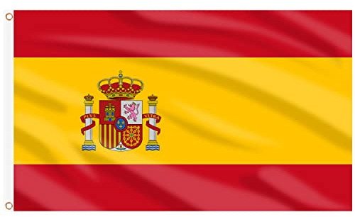 AhfuLife Bandera de España 90cm x 150cm, 2 Piezas Bandera Española con Agujeros de Latón en Ambos Lados, para Decoraciones de Fiestas, la Copa del Mundo, Día Nacional, Jardín, Calle