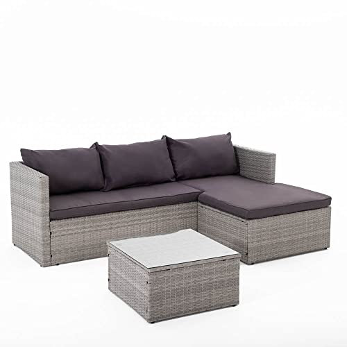 RATTATAN Burano Lounge-Set, 3-teiliges Lounge-Set, Ecksofa mit Halbinsel, Couchtisch mit Glasplatte