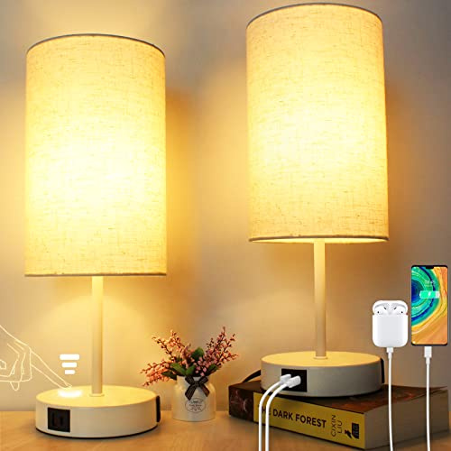 Wondlumi - 2 Lámparas de Mesilla Táctiles con Carga USB, Regulación 3 Niveles, Pantalla de Tela Blanca - Ideal para Dormitorio, Bombillas Incluidas