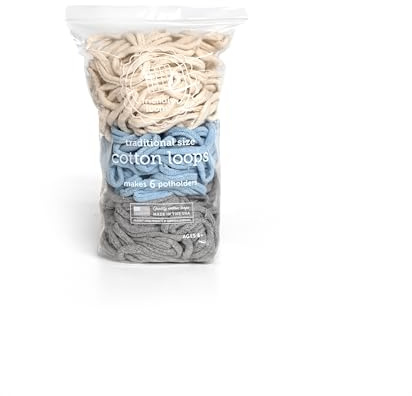 Lotta Loops by Friendly Loom - Glacier Pack (Traditional Size) Powder Blue, Winter White, Silver Cotton Loops Makes 6 Potholders apprx 6 x 6by Harrisville Designs Made in The USA