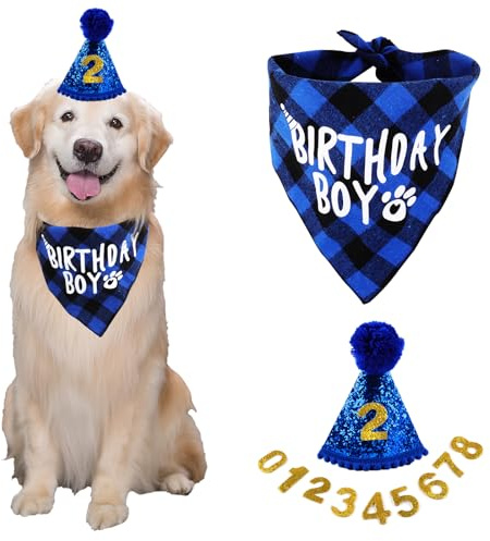 3 Stück Hunde Geburtstag Hut Bandana Mütze Set mit 8 Bling Nummern | Blau Accessories for Gogs，Hundegeburtstagsgeschenk, Hund Geburtstag Deko