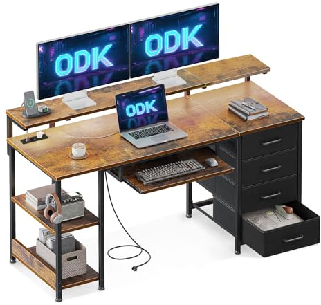ODK Schreibtisch mit 4 Schubladen, Computertisch mit 2 Steckdosen und 2 USB Ladeanschluss, PC Tisch mit Regal, Gaming Tisch mit Tastaturablage fürs Büro, Wohnzimmer (Braun, 140x52x92cm)