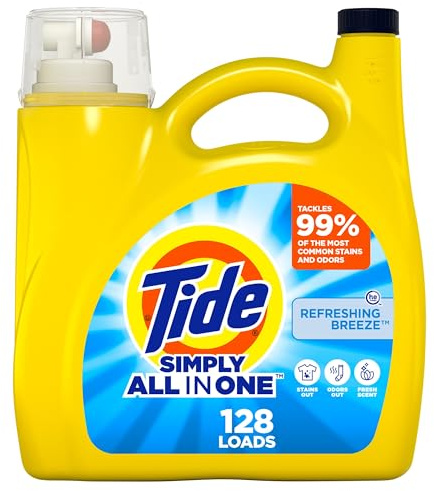 Tide Simply All-In-One Liquid Laundry Detergent, Refreshing Breeze Scent, 128 Loads, 168 fl oz