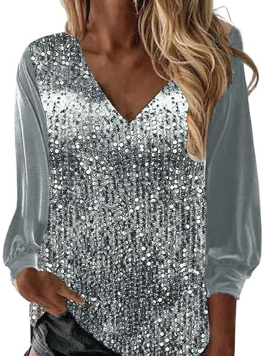 Ydsxlp Glitzer Oberteil Damen Mode Pailletten Pullover Silvester Bluse Festlich Shirt V-Ausschnitt Langarm Party Pulli Glitzerbluse für Frauen Große Größen Glitzershirt Tunika Tops(D Silber,XL)