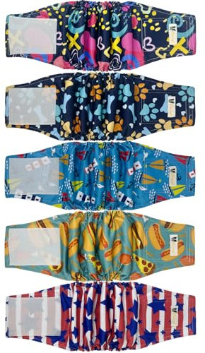BLIWINPT Dog Diapers Male Large High Absorbing Belly Band for Male Dogs Washable Male Diapers for Dogs with Cute Patterns 5packs (L, 14” - 18” Waist)