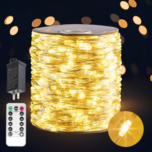 PCORES Warm White 100Ft Plug in Fairy Lights Silver Wire 300 LEDs, 8 Modes, Waterproof, Remote - Controlled for Bedroom, Garden, Party, Christmas, Wedding & Birthday Decor, Indoor & Outdoor Use