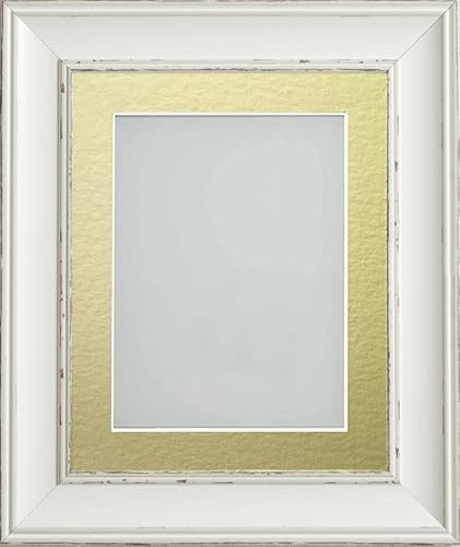 Frame Company Brooke - Cornice portafoto bianca anticata, con passepartout dorato, 10,2 x 7,6 cm, 10,2 x 7,6 cm, in plexiglas