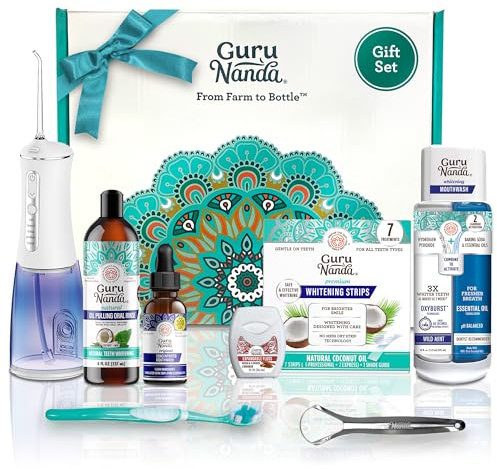GuruNanda 7-Step Regimen 1.0 - Oil Pulling, Toothbrush, Tongue Scraper, Floss, Water Flosser, Mouthwash, Whitening Strips for Complete Oral Care (Pack of 8)