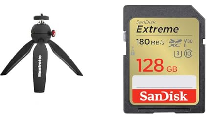 Manfrotto MTPIXIMII-B, PIXI Mini Camera Tripod with Handgrip for Compact System Cameras, for DSLR & SanDisk 128GB Extreme SDXC card + RescuePro Deluxe up to 180 MB/s UHS-I Class 10 U3 V30