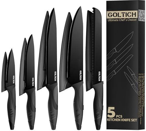 GOLTICH 5 PCs Black Kitchen Knife Sets with Sheath - Premium Stainless Steel Kitchen Knives Set with Easy Grip Handle - Ultra Sharp Knife Set Includes Santuko, Bread, Paring, Utility & Chef Knife