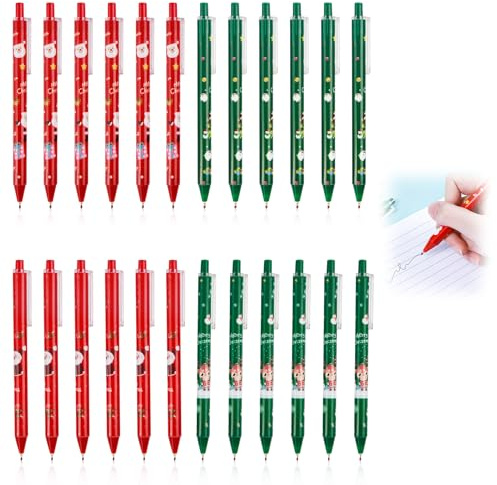 Set di 24 Penne a Sfera Retrattili a Inchiostro Gel di Natale,Motivi Natalizi,Punta Fine 0,5 mm,Scrittura, Disegno, Regali di Natale