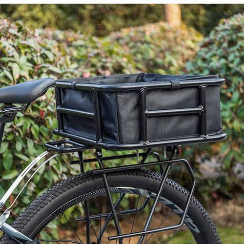 Large Rear Bike Basket, Bike Basket Rear w/Liner Waterproof Cover Cargo Net, Heavy Duty Bicycle Rear Basket for Bike Trip Carrying Grocery Ball Dog, Black