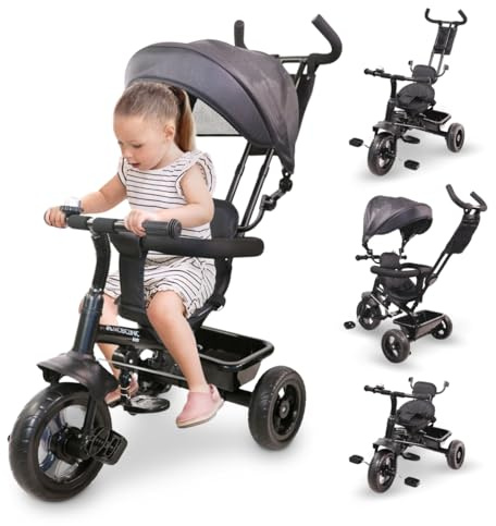 Mobiclinic®, Dreirad mit Schubstange, 3 in 1, Lulu, 18 Monate bis 5 Jahre, Kinderfahrrad, 360° drehbarer Sitz, Verstellbarer Lenker und verdeck, Sicherheitsgurt, Korb klingel