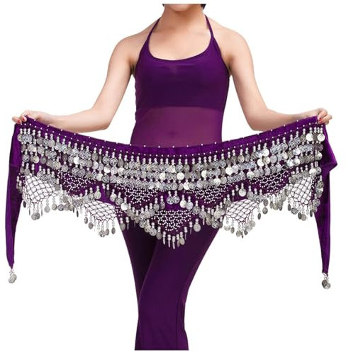 Damen Profi Zumba Rock Bauchtanz Hüfttuch mit Münzen Gürtel Röcke BauchtanzHüftschals Chiffon baumelnd Bauchtanz Hüftschal Wickelrock Bauchtanz Taillengürtel mit Münzquaste Weiß