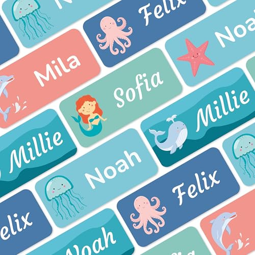 melu kids® Namensaufkleber für Kinder - Wasserfest (60 Stk, Meer) | Personalisierte Textiletiketten Selbstklebend für Kita & Schule, Namensschilder für Kleidung & Gegenstände