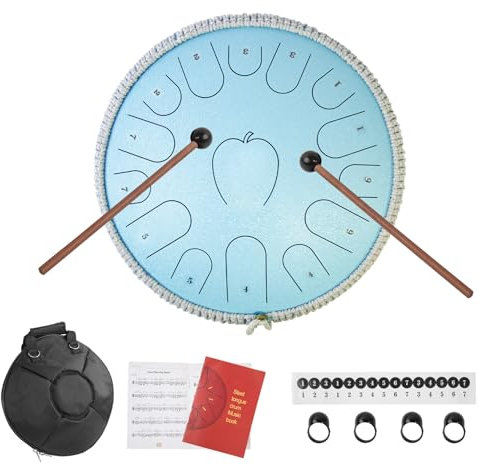 Zungentrommel 14 Zoll 15 Noten, Steel Tongue Drum C Dur, Zungentrommel Groß 35cm, Steeldrum Mit Liederbuch, Schlägel, Stauetasche, Handpan für Yoga, Meditation und Anfänger, Türkisblau