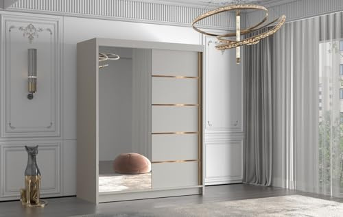 Gaba furniture Gold Series 150 cm Cashmere Sliding Door Wardrobe with Mirror Widths 100/120/150/180/200/250 cm Furniture for Bedroom Living Room Wardrobe with Hanging Rail White/Black/Cashmere