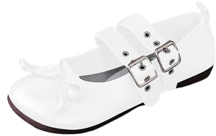 New Flats Mary Jane Flat Shoes for Women Ladies Leather Round Toe Bow Ballerinas Dolly Shoes with Double Buckle Straps #001_White Size 4.5