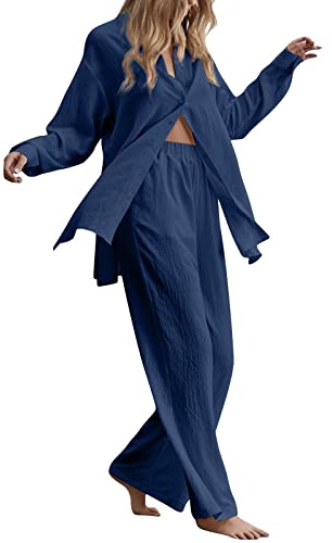 2 Pièces Ensemble Coton et Lin pour Femme Chemise Manches Longues Et Pantalon à Jambes Larges Léger Fluide Casual Solide Grande Taille Basiques Respirant Ample Tenue de Plage Vacances Set