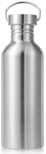 Volhoply 1000ml Uninsulated Single Walled Water Bottle, Stainless Steel Reusable Water Bottles with Handle, BPA Free & Plastic Free 18/8 304 Metal Water Bottles for Camping, Hikers, Cyclists