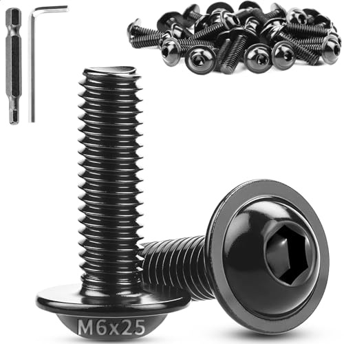 TXXATX M6 x 25 mm linshuvudskruvar med fläns, 30 stycken skruvar M6, platta huvudskruvar, ISO7380-2, rostfritt stål, A2 V2A, svart, linshuvud, insexkant med nyckel och bit för bordsben, fordon