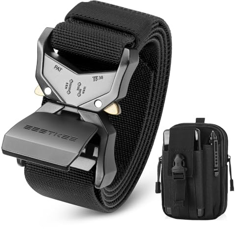 BESTKEE Men's Tactical Belt, 3.8cm Work Belt, Military Style with Quick Release Metal Buckle,Gift with Tactical Molle Pouch
