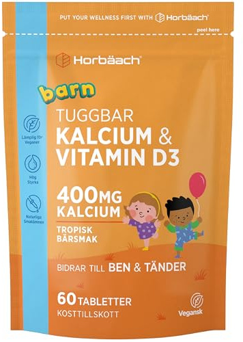 Kalcium och Vitamin D3 Tabletter för Barn | med 400mg Kalciumkarbonat & 100 IU Vit D3 | 2 Månaders Förbrukning – 60 Veganska Tuggtabletter | Tropisk Bärsmak | av Horbaach