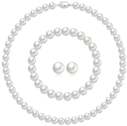 AOWVUTS Pearl Jewellery Set Natural Freshwater Cultured Pearl Necklace Bracelet Earrings Choker Set White Round Sterling Silver Pearls Jewellery Set for Women Wedding Bridal with Gift Box (7MM)
