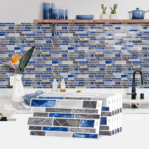 indabyo 20 Sheets Mosaic Marble Effect Tile Stickers Peel and Stick on Tile | Kitchen Bathroom Wall Self Adhesive Vinyl Waterproof Backsplash Sticky Tile Covers Decals (Grey Blue)