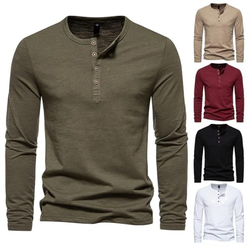 Mens Henley T-Shirt Long Sleeve Lightweight Regular Fit Casual with Button Grandad Shirts Solid Color Casual Tops