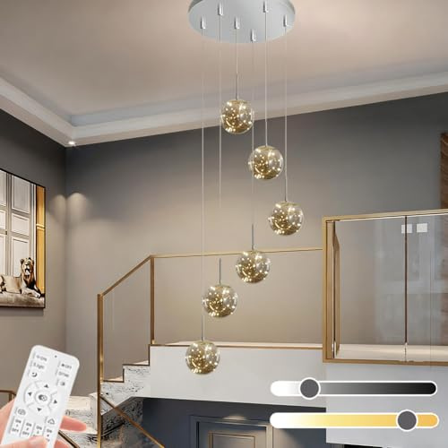 Jatwefiv Treppenhaus Pendellampe Glaskugel LED Pendelleuchte Treppen Kronleuchter Verstellbarer Länge Kreativer Sternenklarer Lang Hängeleuchte für Villa Wohnzimmer Duplex-Treppe,A,6LIGHTS