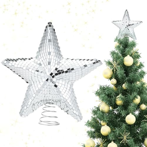 Fesnova Glitzernder Christbaumspitze,Weihnachtsbaumspitze Silber Glas,Weihnachtsbaum Spitze mit Spiralständer,für Festliche Weihnachtsdekoration,Weihnachtsbaumdeko (Silber)