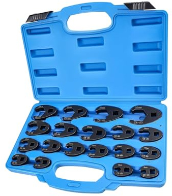 Crumye 19-Teiliger Krähenfußschlüssel-Set für Fahrzeugreparaturen, 8-32-MM | 3/8 und 1/2 Zoll Antrieb, mit Tragbare Aufbewahrungsbox, Hex-Kiefer-Design, Chrom-Molybdän-Stah, Numerische Markierungen